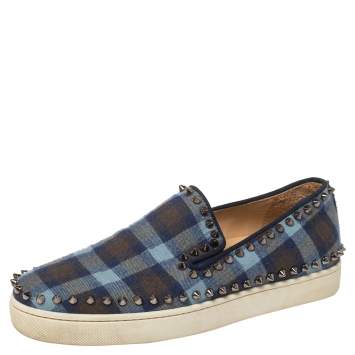 Pre Owned Christian Louboutin Blue Check Fabric Pik Boat Slip On Sneakers Size 38.5