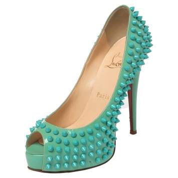 Pre Owned Christian Louboutin Green Patent Lady Peep Toe Spikes Platform Pumps Size 36.5