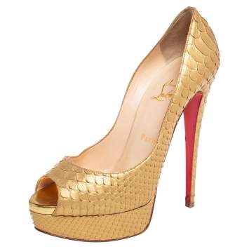 Pre Owned Christian Louboutin Gold Python Leather Lady Peep  Pumps Size 38