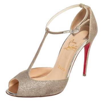 Pre Owned Christian Louboutin Metallic Gold Glitter Senora T-Strap Sandals Size 36.5