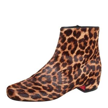 Pre Owned Christian Louboutin Brown/Beige Calf Hair Tounoir Ankle Boots Size 38