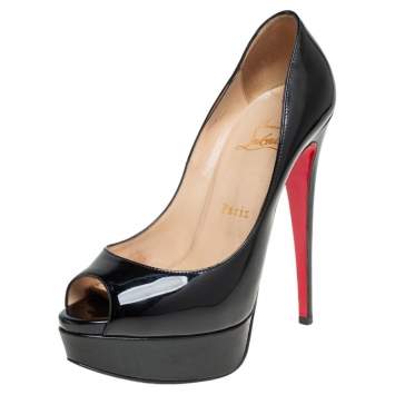 Pre Owned Christian Louboutin Black Patent Leather Lady Peep Toe Platform Pumps Size 36.5