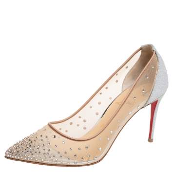 Pre Owned Christian Louboutin Silver Glitter And Mesh Follies Strass Pumps Size 38