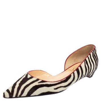 Pre Owned Christian Louboutin Black/White Zebra Print Calf Hair Flats Size 39