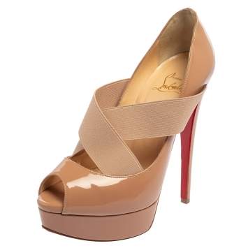 Pre Owned Christian Louboutin Beige Patent Leather Cross Over  Pumps Size 37
