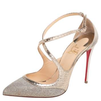 Pre Owned Christian Louboutin Metallic Gold/Silver Glitter And Suede Crissos Ankle Strap Sandals Size 37.5