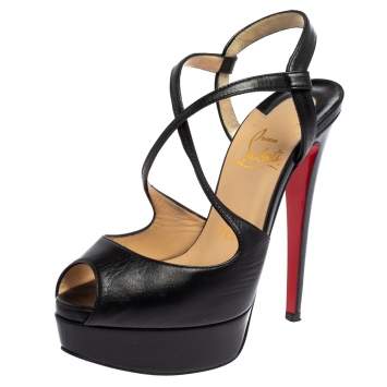 Pre Owned Christian Louboutin Black Leather Cross Me Peep Toe Pumps Size 35