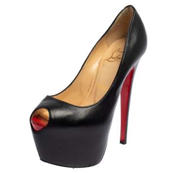 Pre Owned Christian Louboutin Black Leather Lady Peep Toe Pumps Size 35