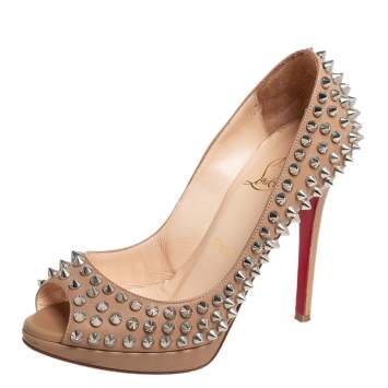 Pre Owned Christian Louboutin Beige Leather Yolanda Spikes Peep Toe Pumps Size 35