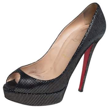Pre Owned Christian Louboutin Black/Silver Suede Banana Peep Toe Platform Pumps Size 40