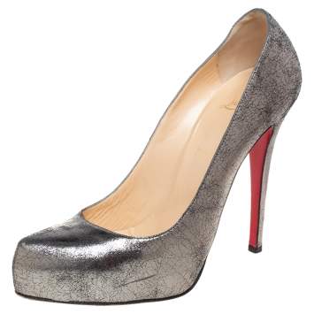 Pre Owned Christian Louboutin Metallic Grey Crackle Leather Ronaldo Pumps Size 39.5