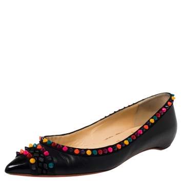 Pre Owned Christian Louboutin Black Leather Embellished Ballet Flats Size 39.5