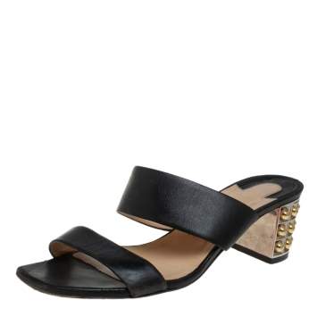 Pre Owned Christian Louboutin Black Leather Opticat Slide Sandals Size 38.5