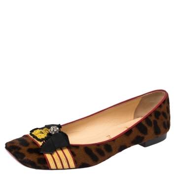 Pre Owned Christian Louboutin Brown/Black Pony Hair Captain Colonakki Embellished Bow Ballet Flats Size 39.5