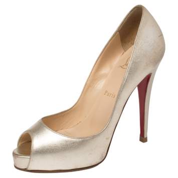 Pre Owned Christian Louboutin Gold Leather Very Prive Peep Toe Platform Pumps Size 38
