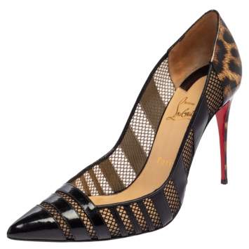 Pre Owned Christian Louboutin Black/Brown Animal Print Patent Leather and Mesh Bandy Pointed Toe Pumps Size 40