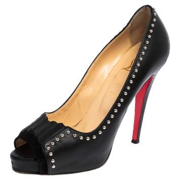 Pre Owned Christian Louboutin Black Leather Studded Discuta Peep Toe Pumps Size 38.5