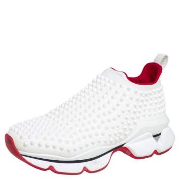 Pre Owned Christian Louboutin White Fabric Spike Sneakers Size 38