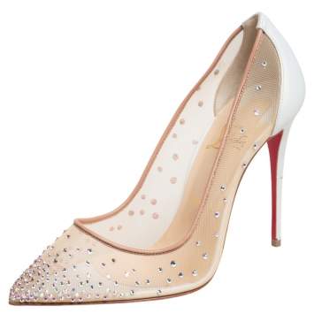 Pre Owned Christian Louboutin White/Beige Crystal Embellished Net And Leather Follies Strass Pumps Size 38.5
