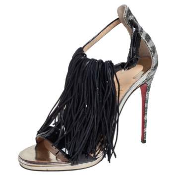 Pre Owned Christian Louboutin Black/Grey Glitter And  Leather Casanovella Sandals Size 36