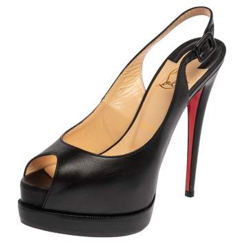 Pre Owned Christian Louboutin Black Leather Palais Royal Trepointe Slingback Sandals Size 38.5