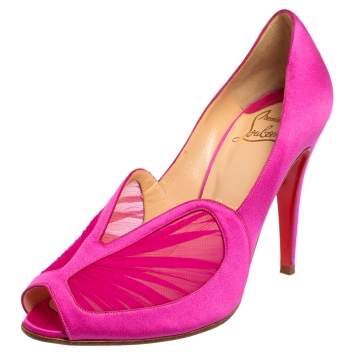 Pre Owned Christian Louboutin Pink Crepe Satin Peep Toe Pumps Size 39.5