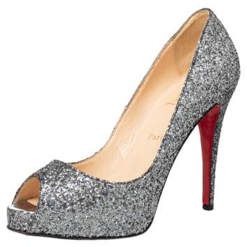 Pre Owned Christian Louboutin Metallic Grey Glitter Very Prive Peep Toe Pumps Size 40