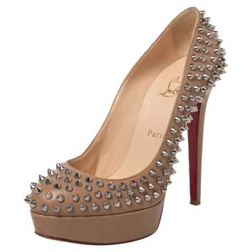 Pre Owned Christian Louboutin Beige Leather Bianca Spikes Platform Pumps Size 39