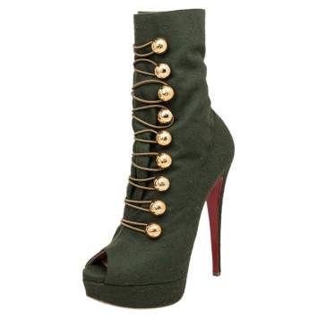 Pre Owned Christian Louboutin Green Canvas Alta Bouton Peep Toe Platform Ankle Boots Size 38.5
