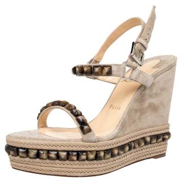 Pre Owned Christian Louboutin Grey Suede Cataclou Wedge Platform Slingback Sandals Size 40