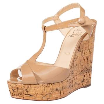 Pre Owned Christian Louboutin Beige Patent Leather Marina Cork Wedge Platform Sandals Size 38