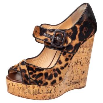 Pre Owned Christian Louboutin Brown Leopard Print Pony Hair Melides Cork Wedge Sandals Size 38.5