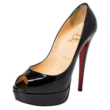 Pre Owned Christian Louboutin Black Patent Leather Lady Peep Toe Platform Pumps Size 37.5