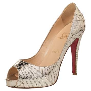 Pre Owned Christian Louboutin Metallic Gold Leather Very Galaxy Mirrored Art Deco Peep Toe Pumps Size 39