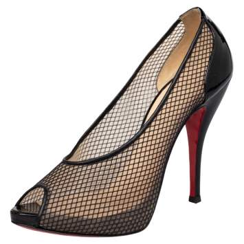Pre Owned Christian Louboutin Black Patent Leather And Mesh Fetilo 120 Peep Toe Pumps Size 40