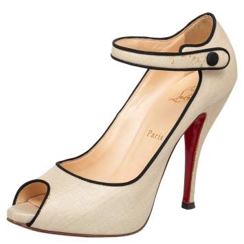 Pre Owned Christian Louboutin Beige Damas Fabric Melita Mary Jane Peep Toe Pumps Size 40