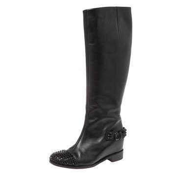 Pre Owned Christian Louboutin Black Leather Spike Cap Toe Egoutina Knee Boots Size 38
