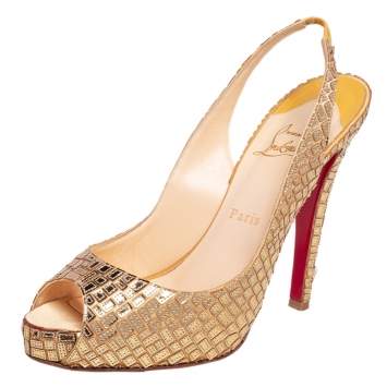 Pre Owned Christian Louboutin Gold Crepe Mosaic Satin No Prive Slingback Sandals Size 40