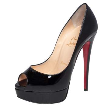 Pre Owned Christian Louboutin Black Patent Leather Lady Peep Toe Platform Pumps Size 37.5