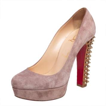 Pre Owned Christian Louboutin Beige Suede Spiked Platform Pumps Size 37