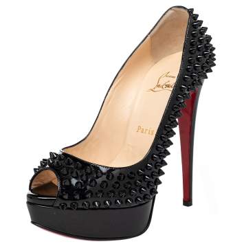 Pre Owned Christian Louboutin Black Patent Leather Lady Peep Toe Spike Platform Pumps Size 36.5