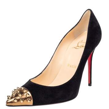 Pre Owned Christian Louboutin Black Suede And Patent Leather Geo Pumps Size 37