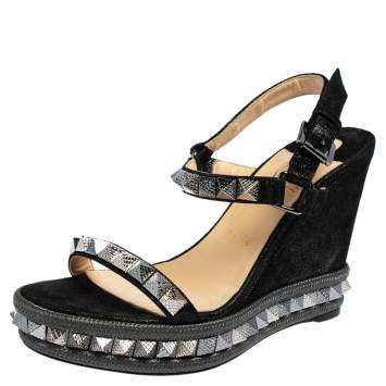 Pre Owned Christian Louboutin Metallic Black Suede Studded Cataclou Espadrille Wedge Sandals Size 39