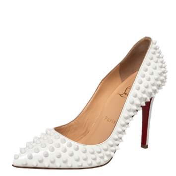 Pre Owned Christian Louboutin White Patent Leather Pigalle Follies Spikes Pumps Size 37