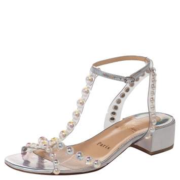 Pre Owned Christian Louboutin Metallic Silver Patent Leather And PVC Faridaravie Sandals Size 37