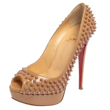 Pre Owned Christian Louboutin Beige Patent Leather Lady Peep Spiked Peep Toe Pumps Size 38