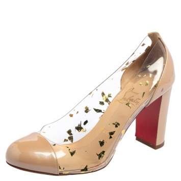 Pre Owned Christian Louboutin Beige Patent Leather And PVC Un Bout Rond Block Heel Pumps Size 36.5