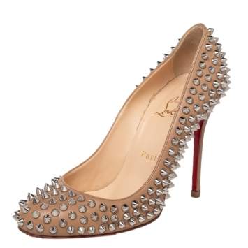 Pre Owned Christian Louboutin Tan Leather Fifi Spikes Round Toe Pumps Size 37