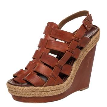 Pre Owned Christian Louboutin Brown Leather Caged Espadrille Wedge Sandals Size 39