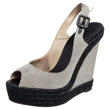 Pre Owned Christian Louboutin Black/Wedge Canvas Peep Toe Espadrille Wedge Sandals Size 38